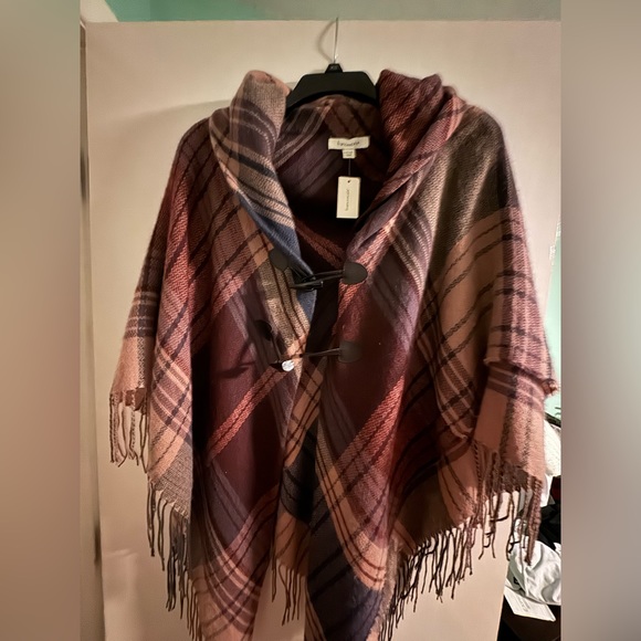 Francesca’s Closet OS plaid poncho with buttons. - Picture 2 of 2